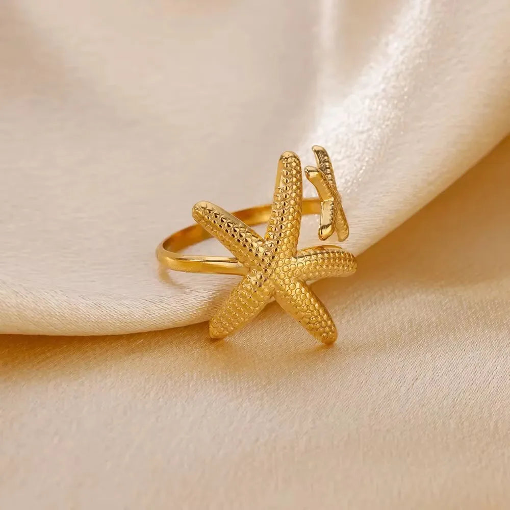 Dainty Zircon Shell Starfish Turtle Evil Eye Rings Stainless Steel Ring Women Anti Fading Golden Charm Jewelry Accessories Gifts