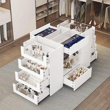Closet Island with Drawers, Wardrobe Armoire Bedroom Island, Glass Display Shelf & 12 Drawers, White Dresser with Glass Top