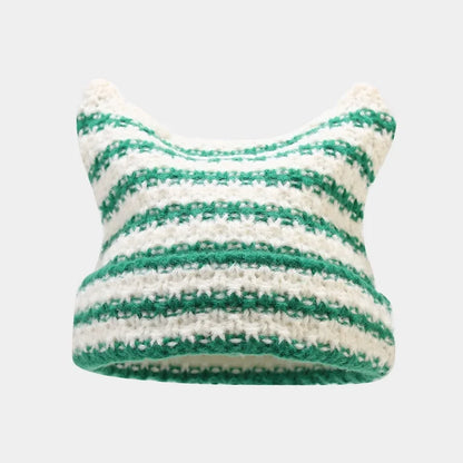 New Japanese Streetwear Harajuku Beanie Little Devil Striped Knitted Hat Women Girls Autumn Winter Cute Cat Ears Cap