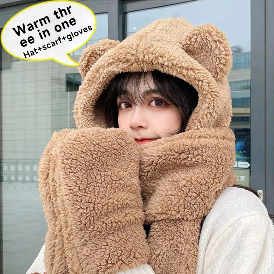 Cute Bear Ear Hat Fashion Winter Warm Comforts Polyester Thickened Plush Hoodie Hat Scarf Gloves Set Girl Kawaii Warm Casual Hat