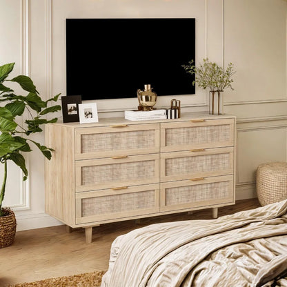 Rattan Dresser for Bedroom, 6 Drawer Wide Dresser, Boho&Farmhouse Chest of Drawers, 43" Clothes Storage Cabinet, Metal Handle