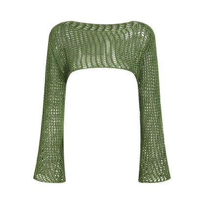 Summer Green Long Sleeve Smock Knitted Crop Top Women Y2k Beach Sexy Backless Hollow Out Party Blouse Shirts