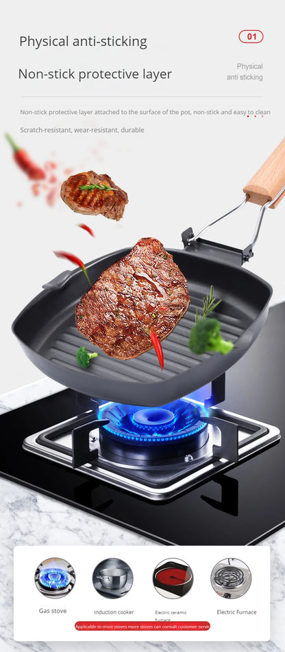 Foldable Portable Frying Pan Picnic Grill Pan Anti-scald Wooden Handle Outdoor Grill Pan Double Mouth Steak Pan(No Lid)