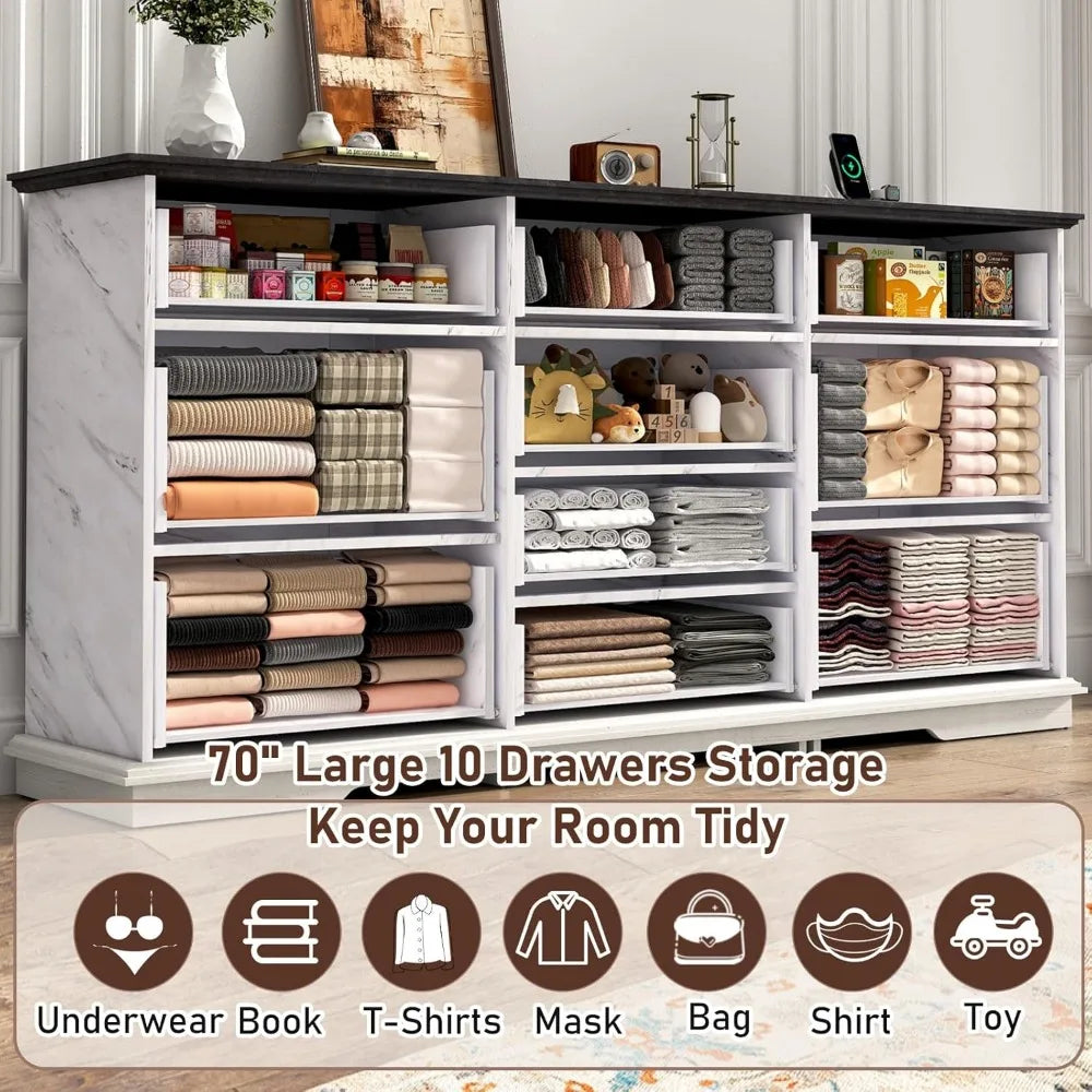 70inch Large Long Dresser w/Charging Station,10 Drawer Dresser w/Deep Big Drawers, Wooden Chest of Drawers w/Power Outlet
