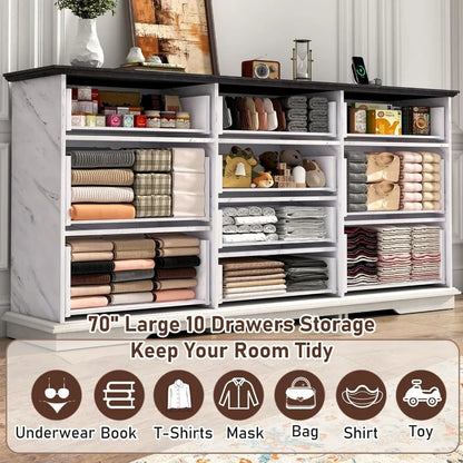 70inch Large Long Dresser w/Charging Station,10 Drawer Dresser w/Deep Big Drawers, Wooden Chest of Drawers w/Power Outlet