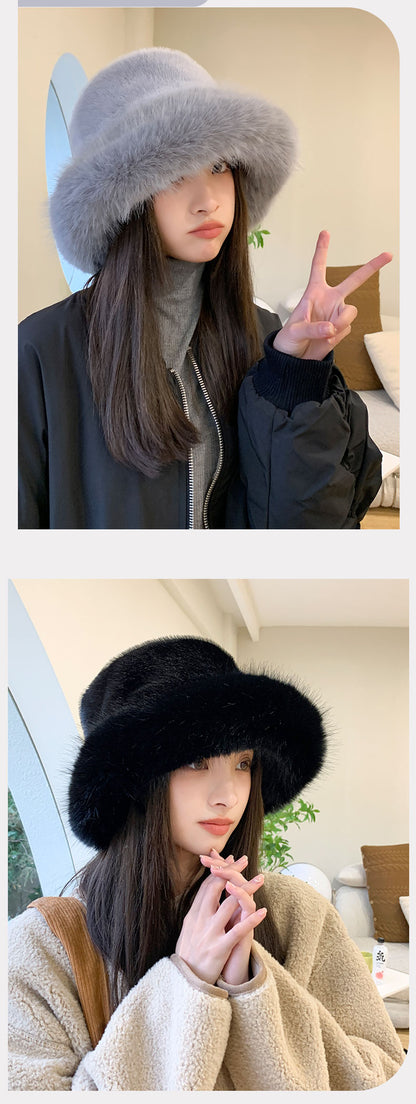 2024 Fluffy Faux Fur Bucket Hats Women Rabbit Fur Warm Thick Plush Winter Hat Lady Fashion Luxury Panama Furry Fisherman Cap Y2k