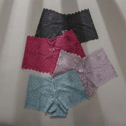FINETOO 4pcs Lace Floral Boyshorts Underwear for Women Sexy Hollow Out Solid Panties Female Low-Waist Breathable Girls Lingerie