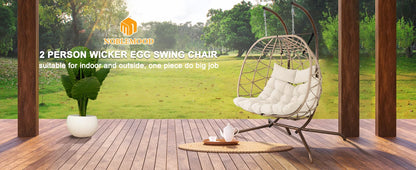 Outdoor Egg Swing Chair with Stand, 2 Person Patio Swing Chairs with Thick Cushions and Pillows, Wicker Double Egg Chair Swing