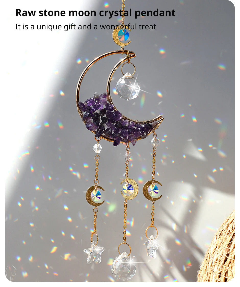 1 Piece Rainbow Made Crystal Suncatcher, Raw Stone Moon Home Decor for Garden Bedroom Balcony Pendant