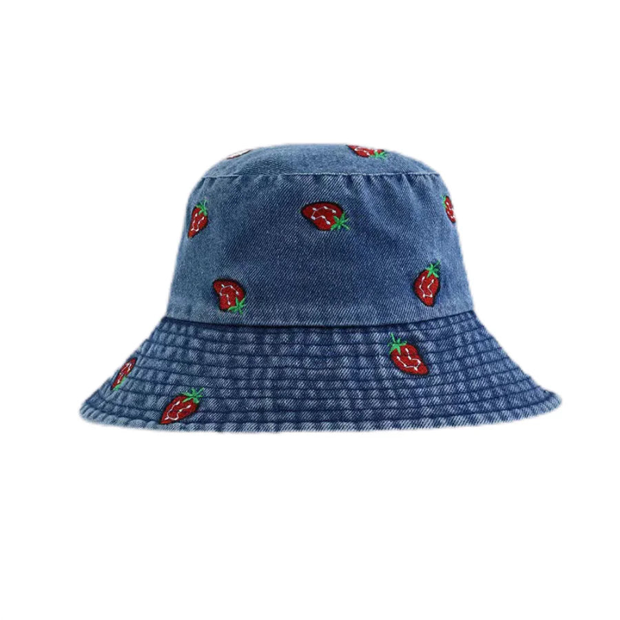 Spring Summer Strawberry Embroidery Denim Jeans Bucket Hat Legent Fisherman Hats for Women Foldable Sport Sun Beach Panama Caps