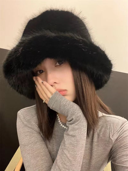 2024 Fluffy Faux Fur Bucket Hats Women Rabbit Fur Warm Thick Plush Winter Hat Lady Fashion Luxury Panama Furry Fisherman Cap Y2k