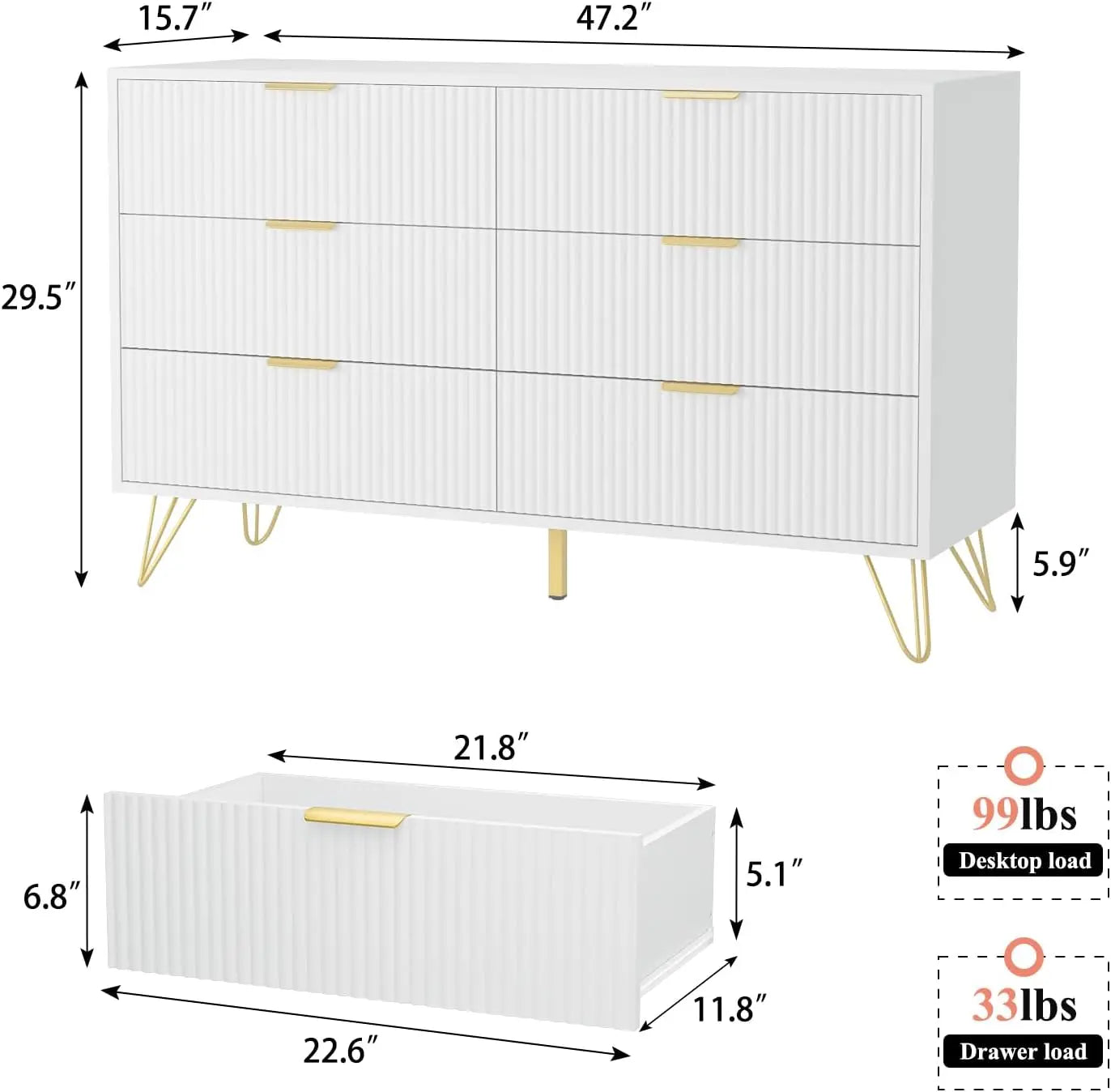 White dresser for bedroom, 6-drawer wooden dresser with gold handles, modern dresser and locker drawer chest