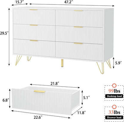 White dresser for bedroom, 6-drawer wooden dresser with gold handles, modern dresser and locker drawer chest