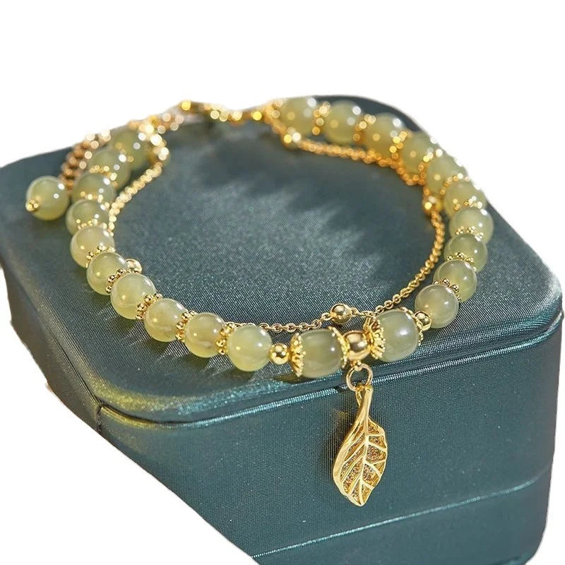 Double Layer Light Green Stone Gold Color Chain Bead Bracelelt For Women New Fashion Leaf Charm Strand Bracelet Daily Wear