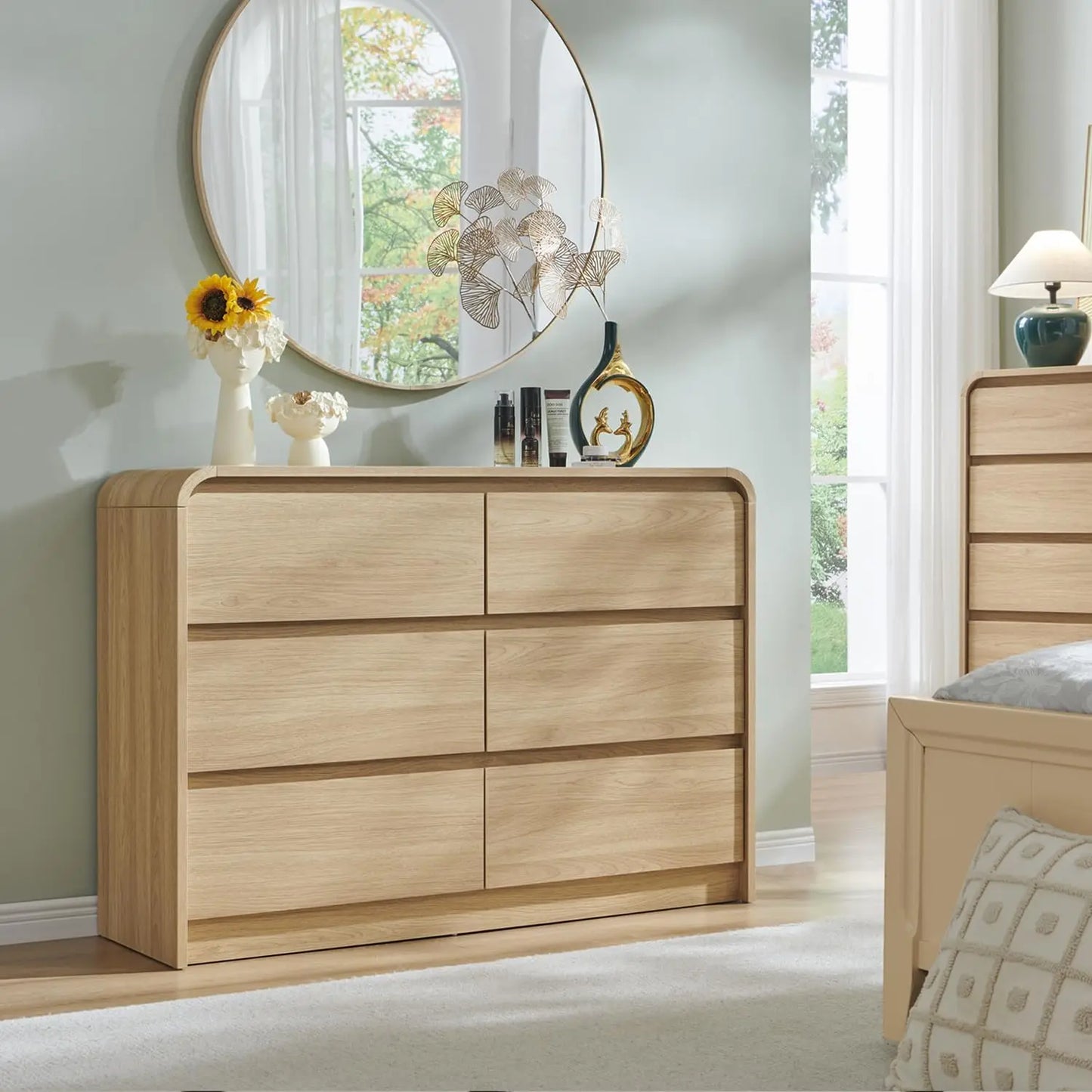 Modern 6 Drawers Dresser, 47" Wide Wood Dressers & Chests of Drawers w/Curved Profile Design, Natural Texture for Bedroom.