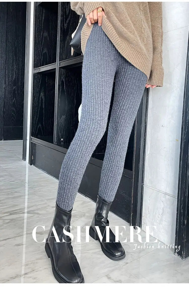 Slim Leggings Autumn Women High Waist Casual Trousers Knitted Ribbed Thicken Solid Elasticity Thermal  Ankle-Length Leggins