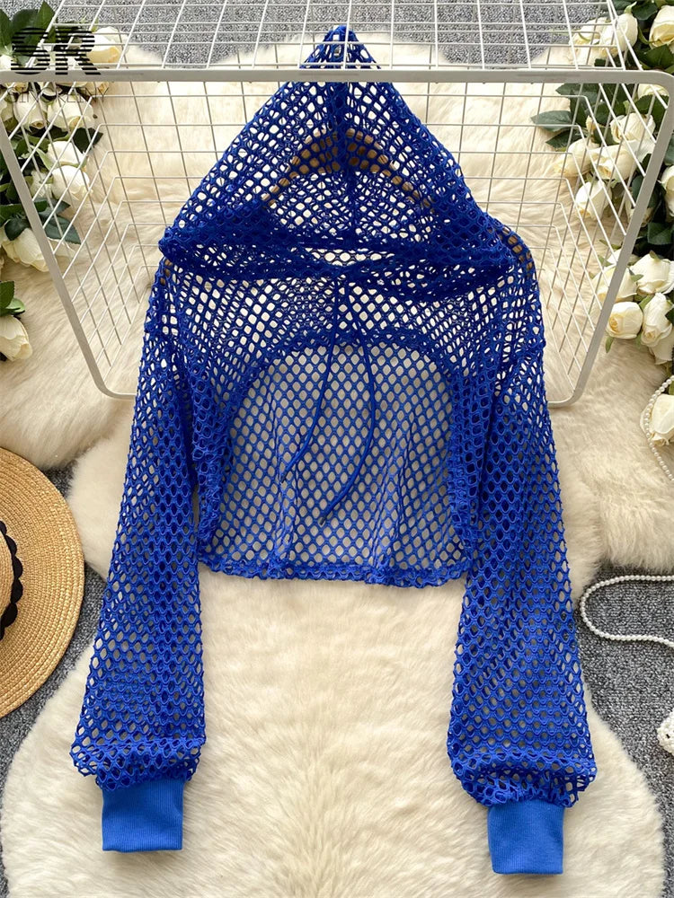 SINGREINY Summer Knitted Hooded Cadigans Women Long Sleeve Thin Streetwear Irregular Outerwear Hollow Out Sun-proof Blouses