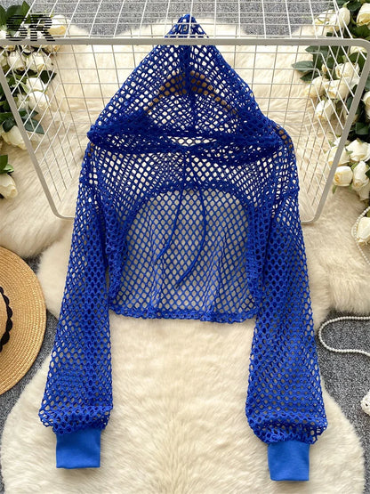 SINGREINY Summer Knitted Hooded Cadigans Women Long Sleeve Thin Streetwear Irregular Outerwear Hollow Out Sun-proof Blouses