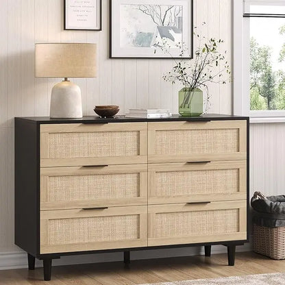 Rattan Dresser for Bedroom, 6 Drawer Wide Dresser, Boho&Farmhouse Chest of Drawers, 43" Clothes Storage Cabinet, Metal Handle