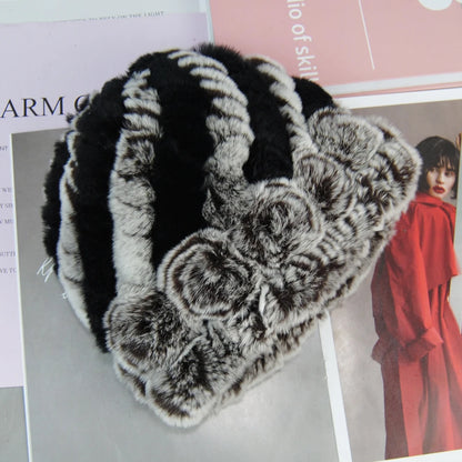 New Fashion Real Fur Hats Scarves Sets Women Winter Knitted Real Rex Rabbit Fur Hat Scarf Ladies Natural Fur Hats Mufflers Sets