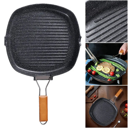 Foldable Portable Frying Pan Picnic Grill Pan Anti-scald Wooden Handle Outdoor Grill Pan Double Mouth Steak Pan(No Lid)