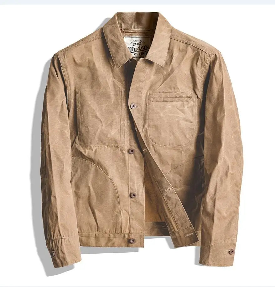 Maden Vintage Men's Canvas Oil Wax Jackets Khaki Multi-pocket Lapel Collar Single-breasted Jacket Windbreaker for Male Outwear
