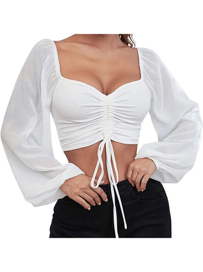 S-3XL Mesh Lantern Sleeves Drawstring Wrap Chest Bare Midriff T-Shirt Women Long Sleeve Ruched Blouse Sexy Crop Top Tee K5995