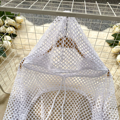SINGREINY Summer Knitted Hooded Cadigans Women Long Sleeve Thin Streetwear Irregular Outerwear Hollow Out Sun-proof Blouses