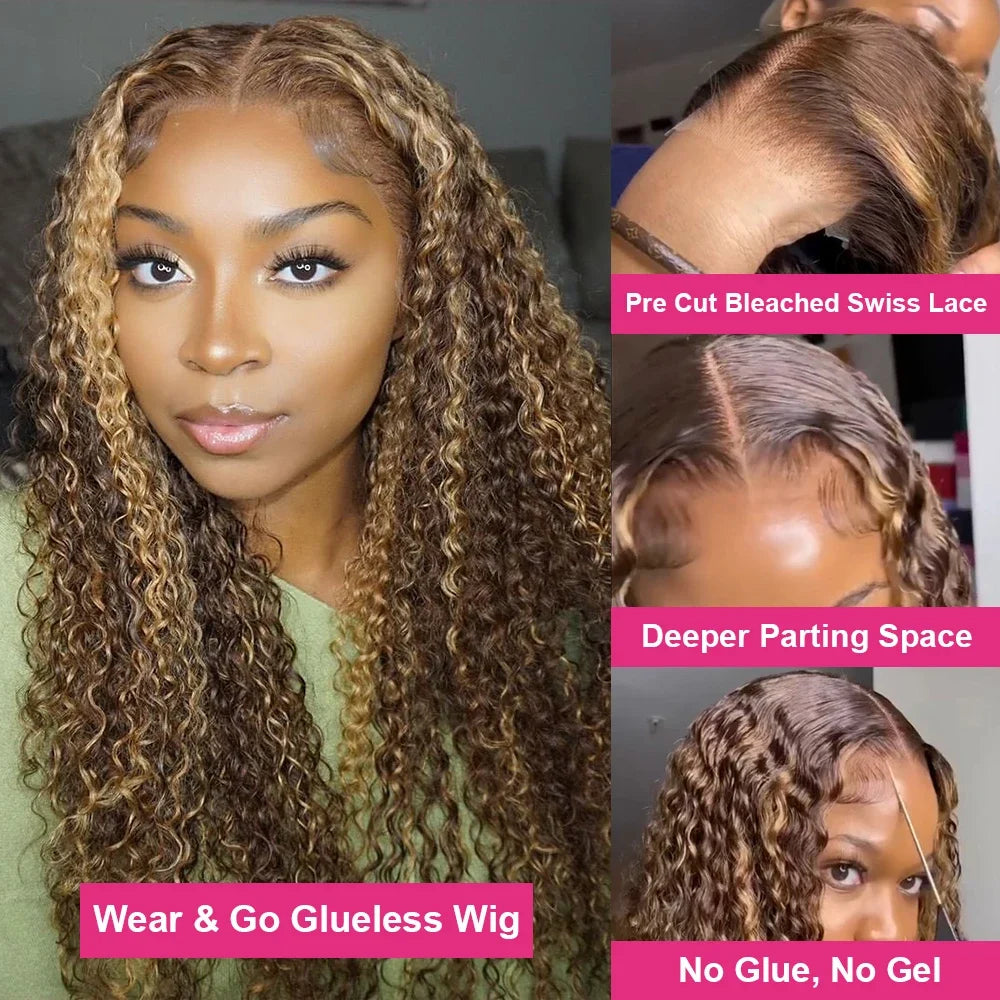 HD 13x6 Highlight Wig Human Hair Honey Blonde Brown Lace Front Wigs Deep Curly Human Hair Wig Water Wave 13x4 Lace Frontal Wig