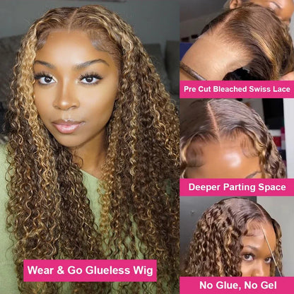 HD 13x6 Highlight Wig Human Hair Honey Blonde Brown Lace Front Wigs Deep Curly Human Hair Wig Water Wave 13x4 Lace Frontal Wig