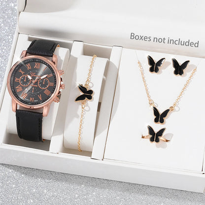 Pink 6PCS/Set Women Watch Roman Numeral Dial Quartz Wristwatch PU Leather Strap Watch Heart Diamond Jewelry Set Gift For Her