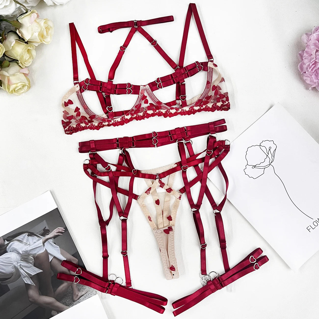 Ellolace Sensual Lingerie Open Bra Kit Push Up Uncensored Fancy Exotic Sets Heart-Shaped Embroidery Fairy Beautiful Underwear