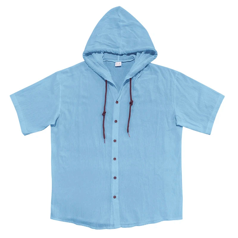 Summer cotton linen men's short sleeved shirt in US size solid color hooded casual T-shirt plus size men's clothing