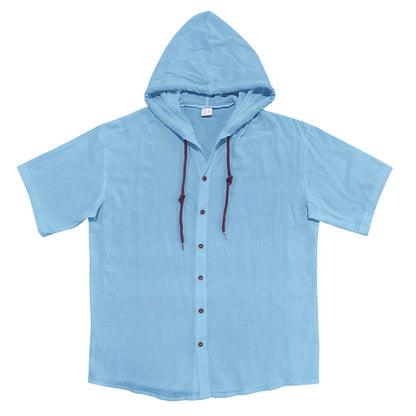 Summer cotton linen men's short sleeved shirt in US size solid color hooded casual T-shirt plus size men's clothing