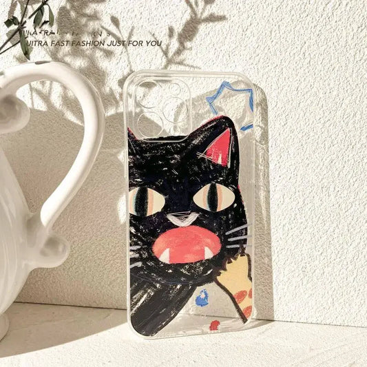 Doodle Angry Cat Case for Iphone 16 Pro Max 14 15 Pro Max Plus  Back Cover Clear Fundas