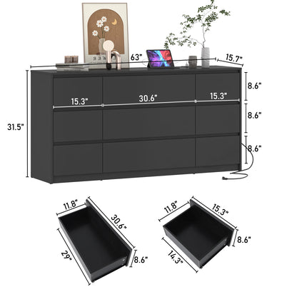 9 Drawer Dresser for Bedroom, 63" Modern Large Wood Chest of Drawers with Charging Station Handle Free, Storage Organizer Closet