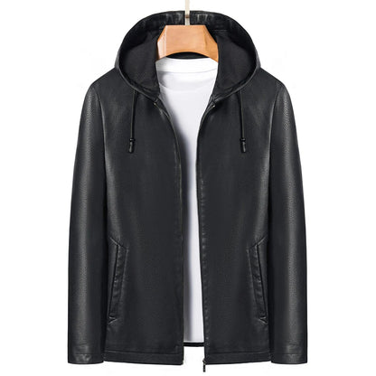 2024 High Quality Hooded Leather Fashion Handsome Trend Solid Color Casual Dad Dad Motorcycle Leather Jacket Upscale  M-4XL
