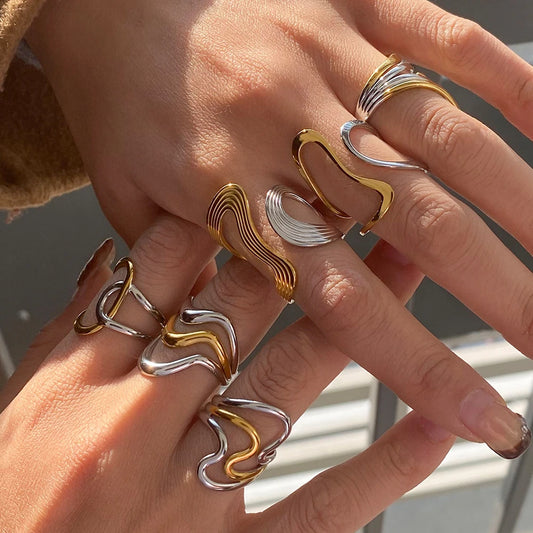 Uworld Minimalist Linear Two tone Ring Stainless Steel Hollow Irregular Stackable Ring Women's Accessories Party Gift