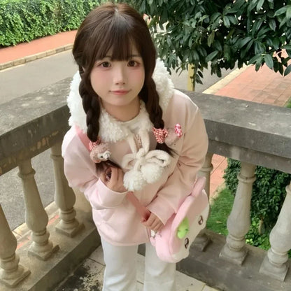 Vintage Kawaii Long Sleeve Loose Coat with Hooded Women Japanese Cute Zipper Sweatshirts Female Casual Y2k Jacket Overcoat Chic
