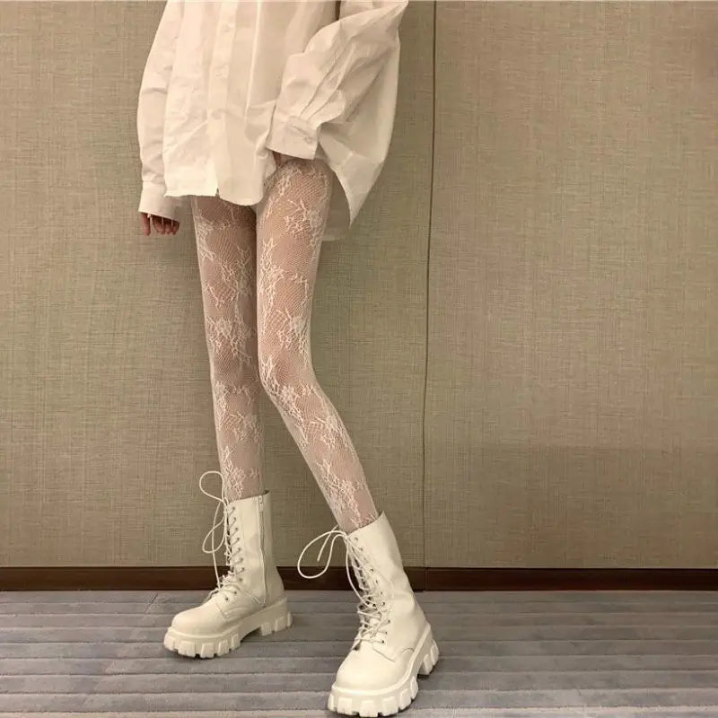 Lolita Sweet Girls Punk Style Floral Tights Colorful Thigh High Stockings Lingerie Women Sexy Hollow Out Mesh Fishnet Pantyhose
