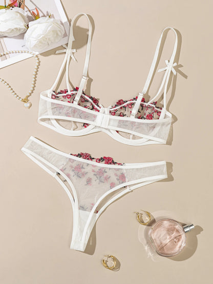 Night Beautiful Sexy Women 2 Piece floral Embroidery Underwear Sexy Erotic lingerie underwear Set