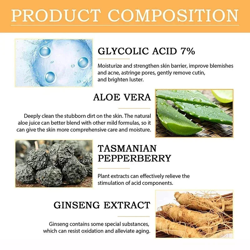 Glycolic Acid 7% Toning Facial Solution Skin Care Lighten Pore Glow Acid Toner Lifting Firming Wrinkles Dispelling Acne New