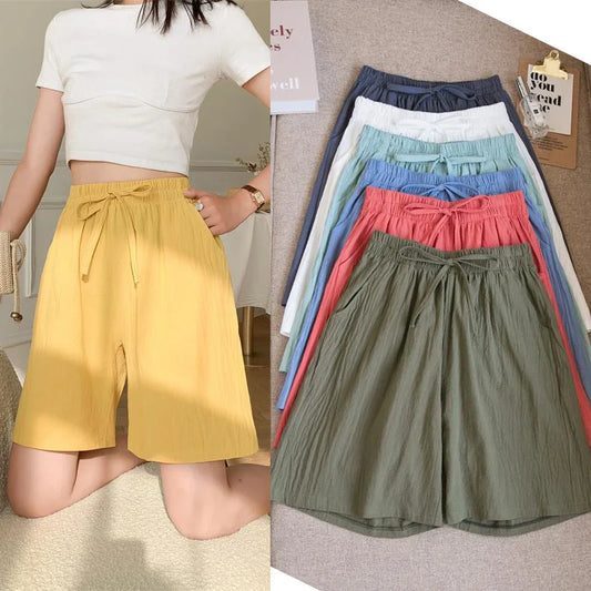 Women Cotton shorts Summer Casual Solid Two Pockets shorts high waist loose shorts for girls Soft Cool female shorts
