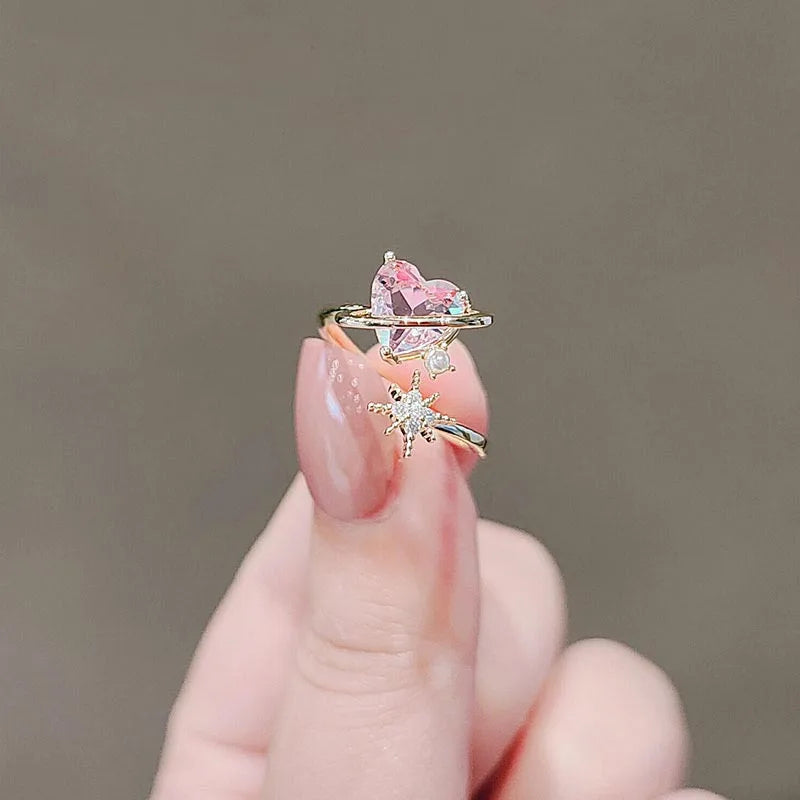 2024 Korean New Exquisite Lovely Pink Love Opening Ring Fashion Temperament Versatile Ring Female Jewelry