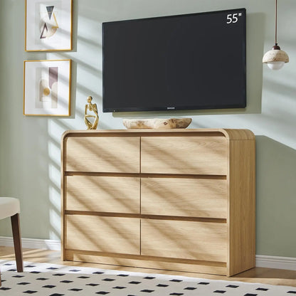 Modern 6 Drawers Dresser, 47" Wide Wood Dressers & Chests of Drawers w/Curved Profile Design, Natural Texture for Bedroom.