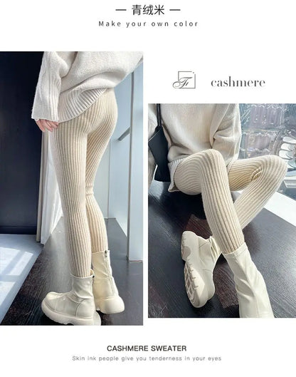 Slim Leggings Autumn Women High Waist Casual Trousers Knitted Ribbed Thicken Solid Elasticity Thermal  Ankle-Length Leggins