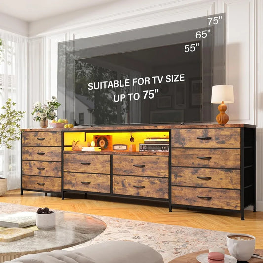 75 Inch TV 63" W Dresser TV Stand for Bedroom with LED Lights & Power Outlets & 12 Drawers Dresser