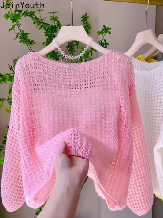 Fashion Tops 2025 Women Pullvoers Long Sleeve O-neck Jumper Pull Femme Thin Hollow Out Knitted Cropped Sweater Sueter Mujer