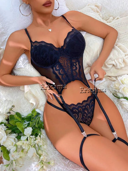 Lace Erotic Lingerie Set Bow Decor Strappy Hollow Out Intimates Bra & Thong & Garter Belt, Women's Sexy Lingerie & Underwear