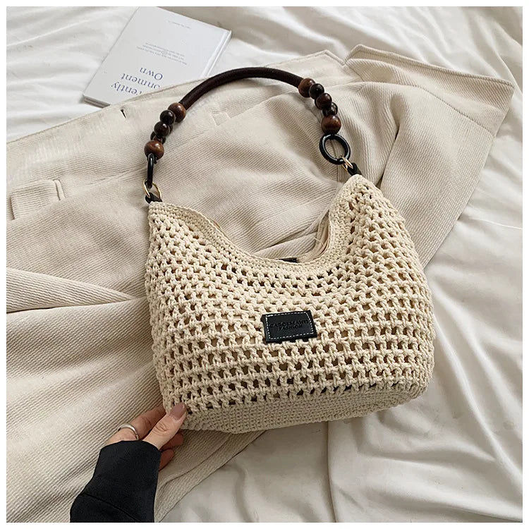 Beach Summer Bag for Women Mesh Woven Shoulder Bag Adjustable Strap Handbag Large Capacity Hobo Bag for Travel Vacation